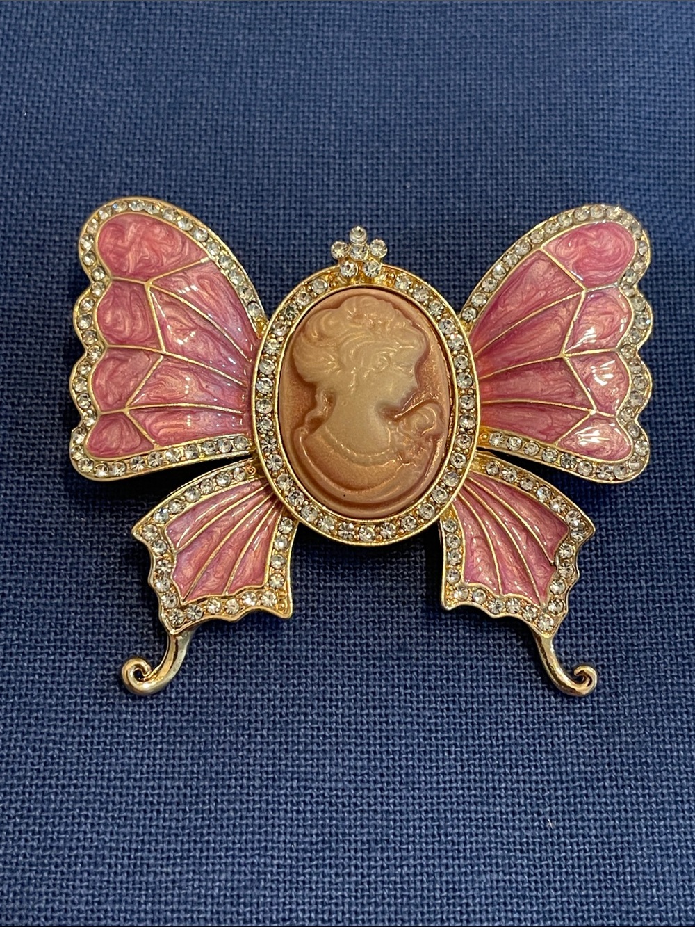 Pink Enamel Butterfly Cameo Brooch with Gold-Tone and Crystal Accents